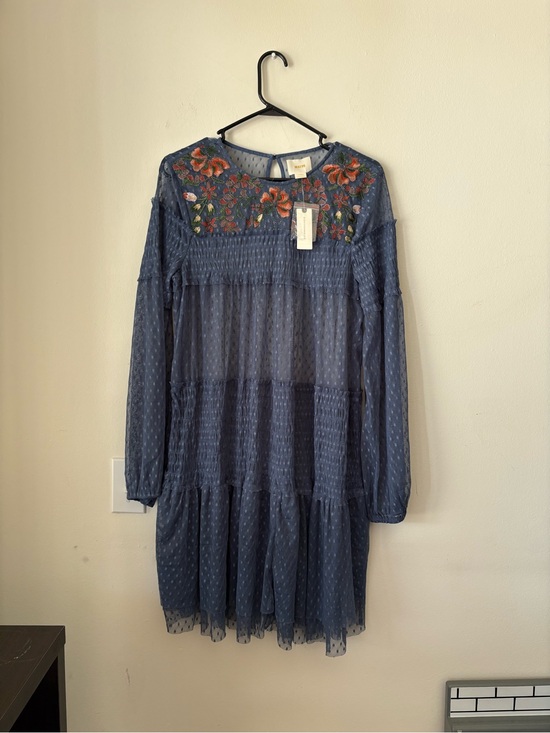 Maeve Dresses & Skirts - Maeve Blue Sheer Long-Sleeve Embroidered Tiered Dress